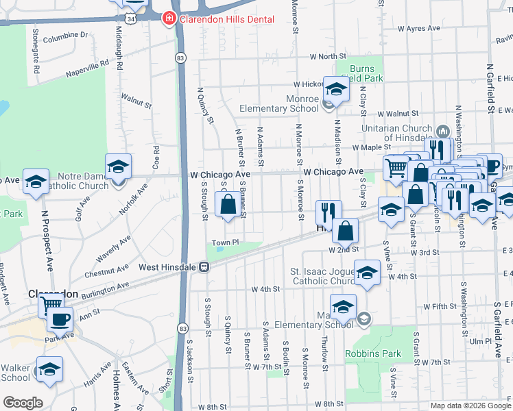 map of restaurants, bars, coffee shops, grocery stores, and more near 40 South Adams Street in Hinsdale
