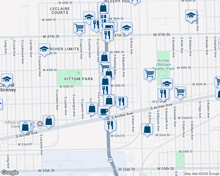map of restaurants, bars, coffee shops, grocery stores, and more near 5017 South Cicero Avenue in Chicago