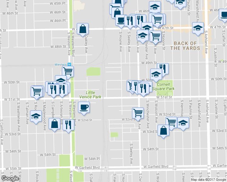 map of restaurants, bars, coffee shops, grocery stores, and more near 2127 West 50th Place in Chicago