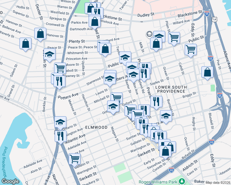 map of restaurants, bars, coffee shops, grocery stores, and more near 49 Lillian Ave in Providence