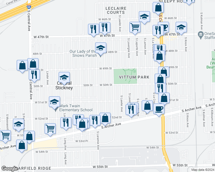 map of restaurants, bars, coffee shops, grocery stores, and more near 5001 South Leamington Avenue in Chicago