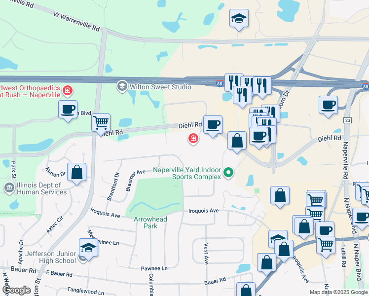 map of restaurants, bars, coffee shops, grocery stores, and more near 1609 Foxhorn Court in Naperville