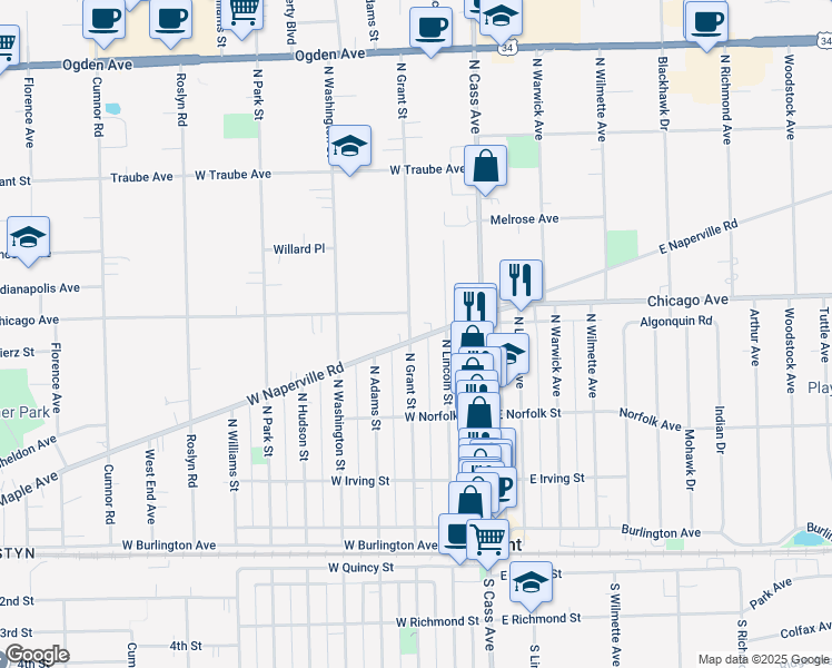 map of restaurants, bars, coffee shops, grocery stores, and more near 42 West Naperville Road in Westmont