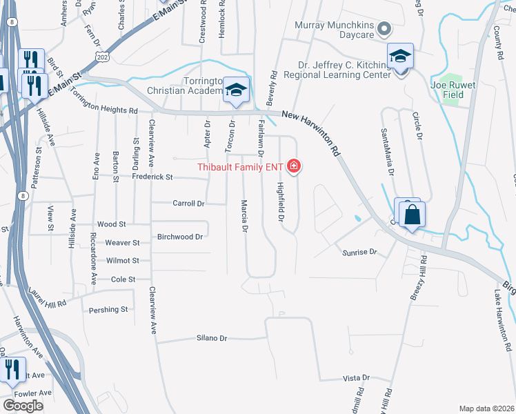 map of restaurants, bars, coffee shops, grocery stores, and more near 206 Fairlawn Drive in Torrington