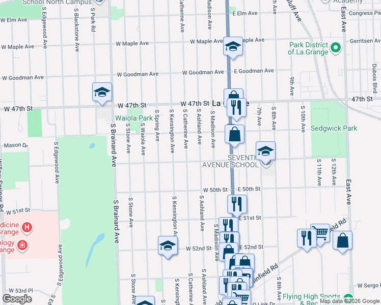 map of restaurants, bars, coffee shops, grocery stores, and more near 624 South Catherine Avenue in La Grange