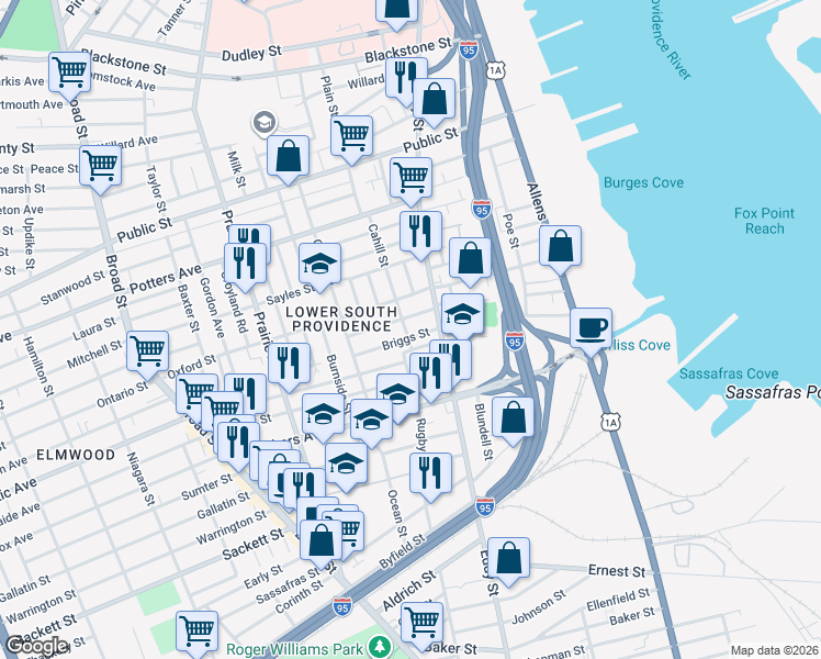 map of restaurants, bars, coffee shops, grocery stores, and more near 440 Cahill Street in Providence
