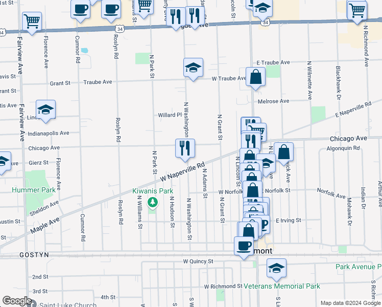 map of restaurants, bars, coffee shops, grocery stores, and more near 259 North Washington Street in Westmont