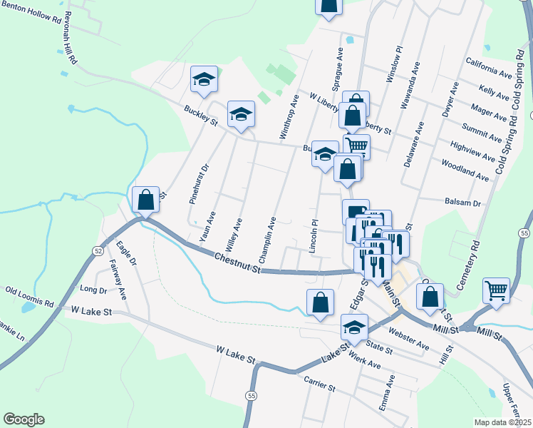 map of restaurants, bars, coffee shops, grocery stores, and more near 70 Champlin Avenue in Liberty