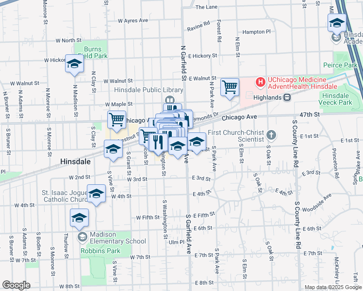 map of restaurants, bars, coffee shops, grocery stores, and more near 105 East 1st Street in Hinsdale