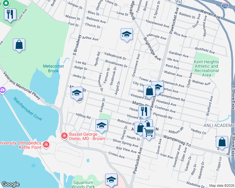 map of restaurants, bars, coffee shops, grocery stores, and more near 12 Angell Drive in East Providence