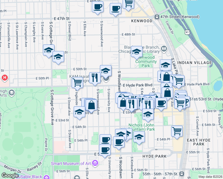 map of restaurants, bars, coffee shops, grocery stores, and more near 5111 South University Avenue in Chicago