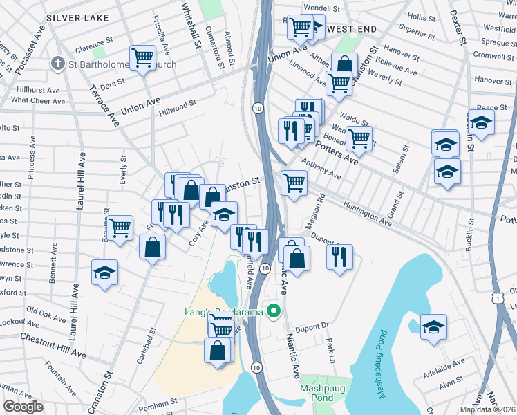 map of restaurants, bars, coffee shops, grocery stores, and more near 35 Washington Avenue in Cranston