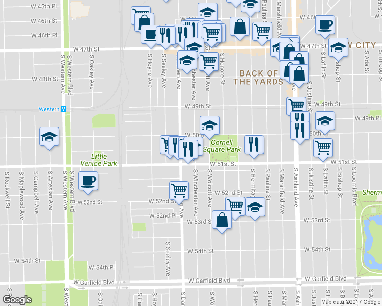map of restaurants, bars, coffee shops, grocery stores, and more near 5036 S Winchester Ave in Chicago
