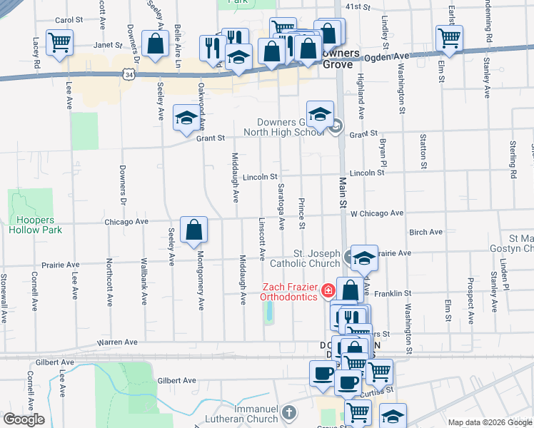 map of restaurants, bars, coffee shops, grocery stores, and more near 4645 Linscott Avenue in Downers Grove