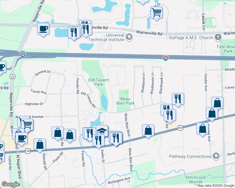 map of restaurants, bars, coffee shops, grocery stores, and more near 2690 Bonita Court in Lisle