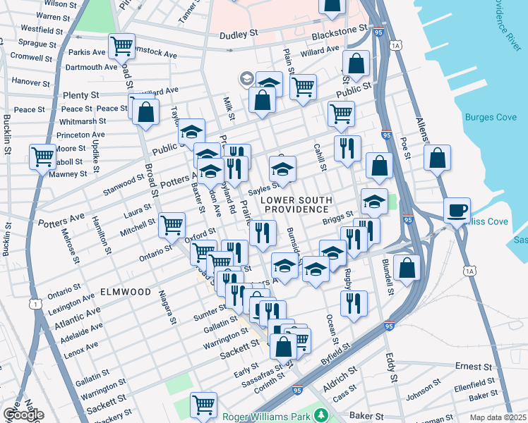 map of restaurants, bars, coffee shops, grocery stores, and more near 211 Oxford Street in Providence