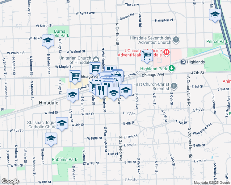 map of restaurants, bars, coffee shops, grocery stores, and more near 105 East 1st Street in Hinsdale