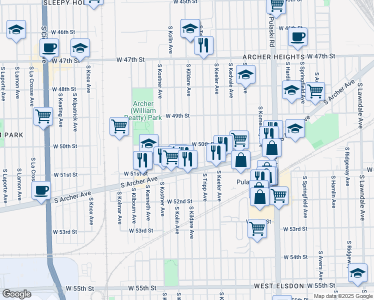 map of restaurants, bars, coffee shops, grocery stores, and more near 5008 South Kildare Avenue in Chicago