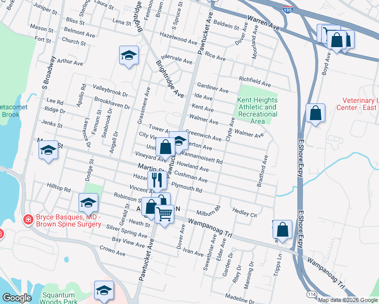 map of restaurants, bars, coffee shops, grocery stores, and more near 24 Wannamoisett Road in East Providence