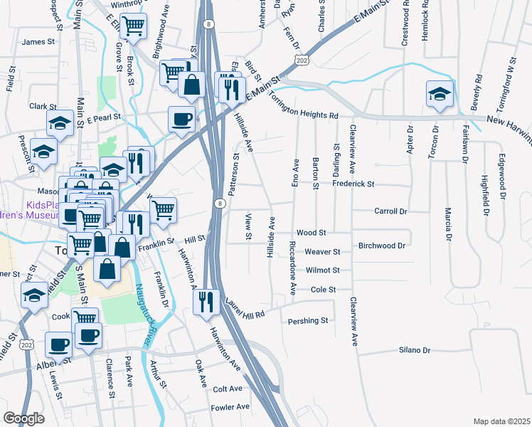 map of restaurants, bars, coffee shops, grocery stores, and more near 250 Hillside Avenue in Torrington