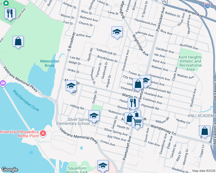 map of restaurants, bars, coffee shops, grocery stores, and more near 12 Angell Drive in East Providence