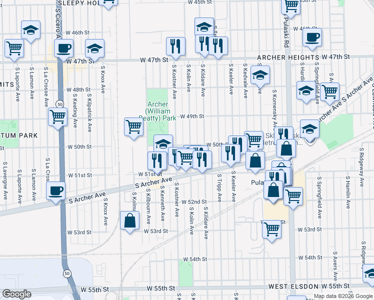 map of restaurants, bars, coffee shops, grocery stores, and more near 5008 South Kolin Avenue in Chicago