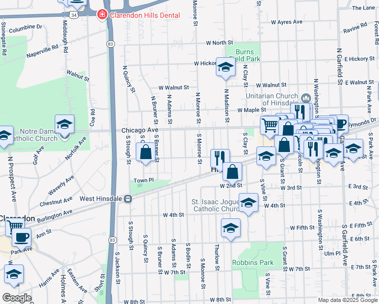 map of restaurants, bars, coffee shops, grocery stores, and more near 39 South Bodin Street in Hinsdale