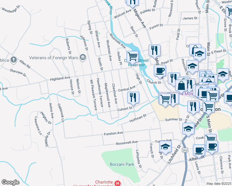 map of restaurants, bars, coffee shops, grocery stores, and more near 147 Central Avenue in Torrington