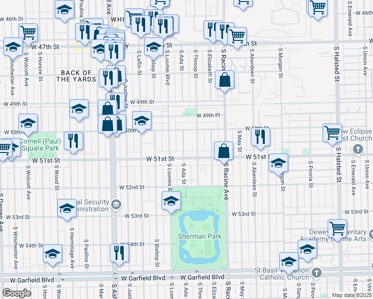 map of restaurants, bars, coffee shops, grocery stores, and more near 5041 South Ada Street in Chicago