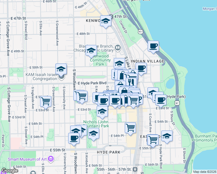 map of restaurants, bars, coffee shops, grocery stores, and more near 1401 East Hyde Park Boulevard in Chicago