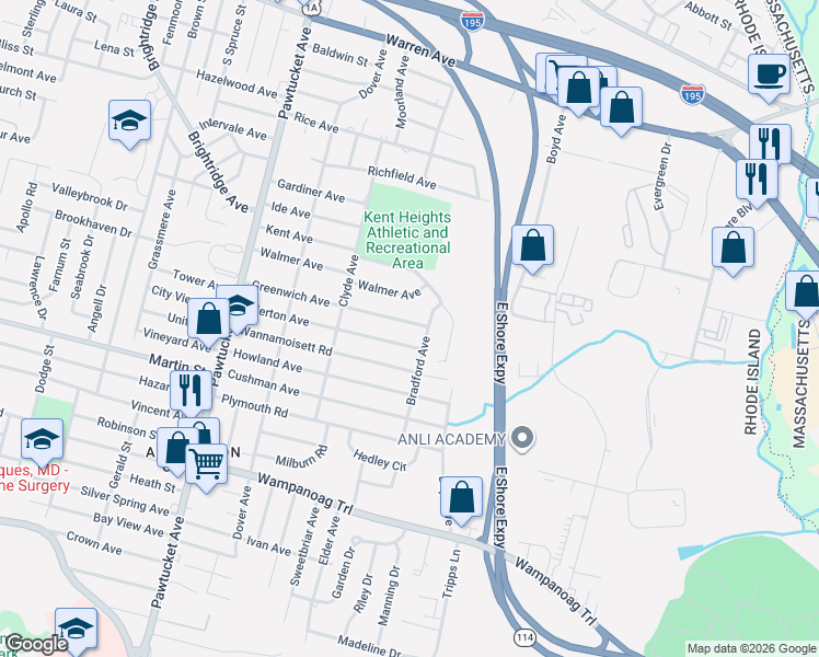 map of restaurants, bars, coffee shops, grocery stores, and more near 123 Greenwich Avenue in East Providence