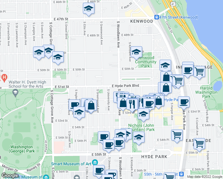 map of restaurants, bars, coffee shops, grocery stores, and more near 1123 East Hyde Park Boulevard in Chicago