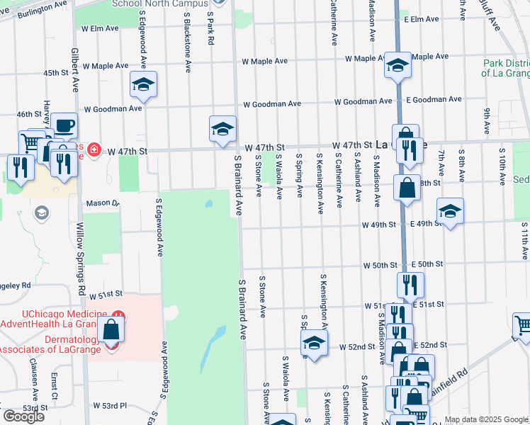 map of restaurants, bars, coffee shops, grocery stores, and more near 631 South Stone Avenue in La Grange