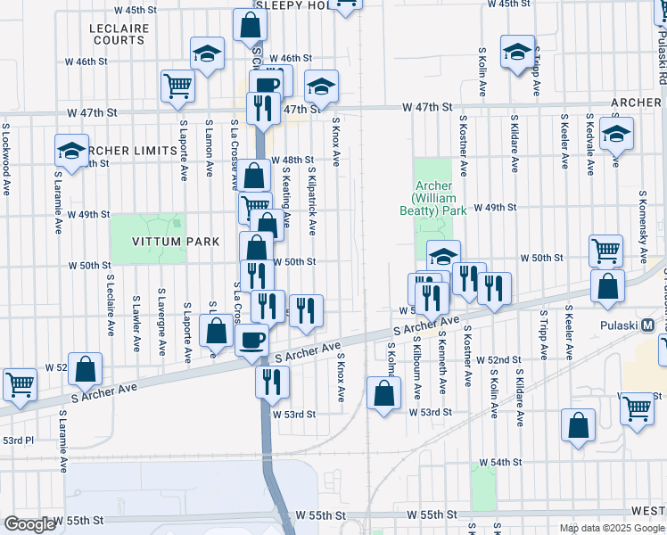 map of restaurants, bars, coffee shops, grocery stores, and more near 5004 South Knox Avenue in Chicago