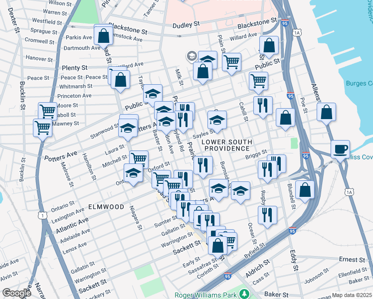 map of restaurants, bars, coffee shops, grocery stores, and more near 441 Prairie Avenue in Providence