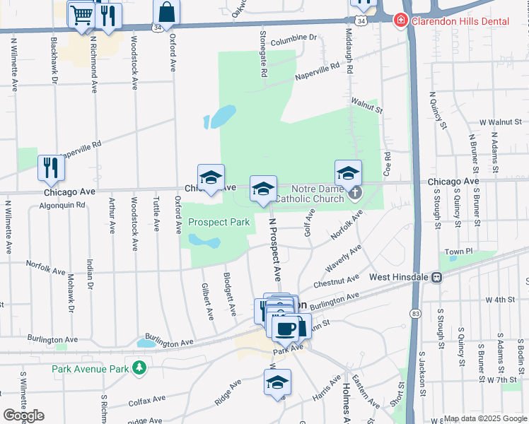 map of restaurants, bars, coffee shops, grocery stores, and more near 130 North Prospect Avenue in Clarendon Hills