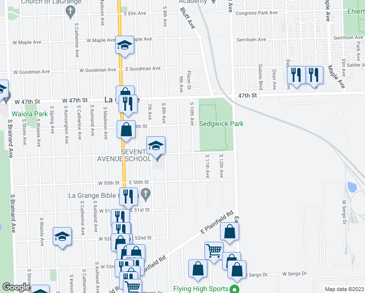 map of restaurants, bars, coffee shops, grocery stores, and more near 637 9th Avenue in La Grange