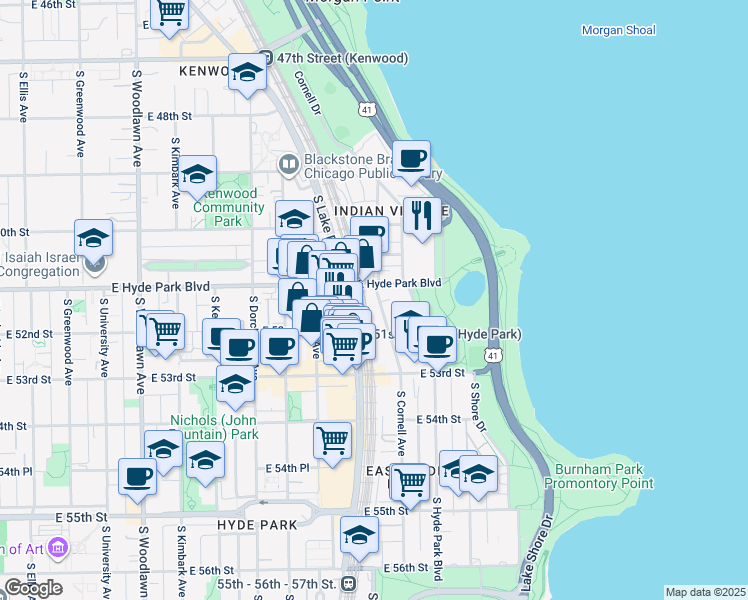 map of restaurants, bars, coffee shops, grocery stores, and more near 5114 South Cornell Avenue in Chicago