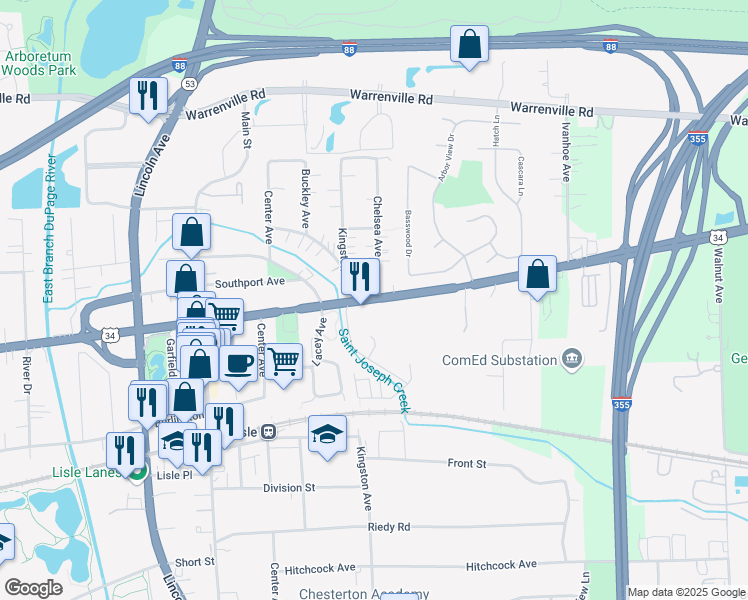 map of restaurants, bars, coffee shops, grocery stores, and more near in Lisle