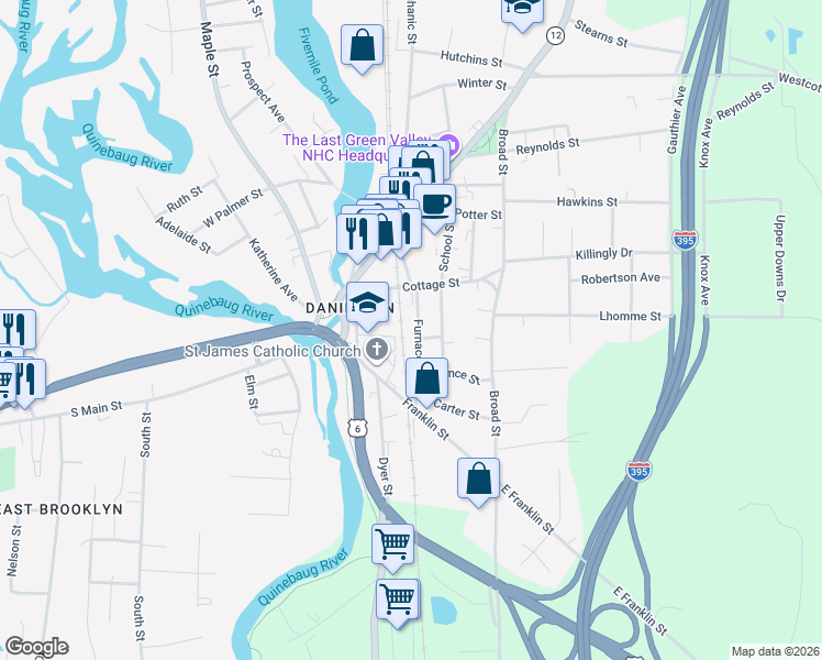 map of restaurants, bars, coffee shops, grocery stores, and more near 86 Furnace Street in Killingly