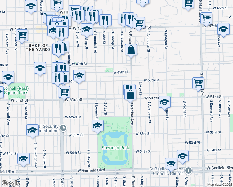 map of restaurants, bars, coffee shops, grocery stores, and more near 5043 South Throop Street in Chicago