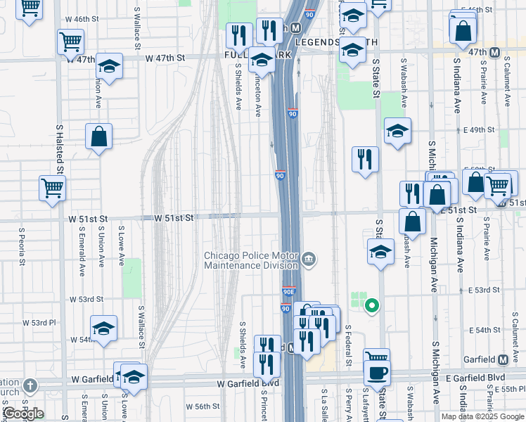 map of restaurants, bars, coffee shops, grocery stores, and more near 256 West 51st Street in Chicago