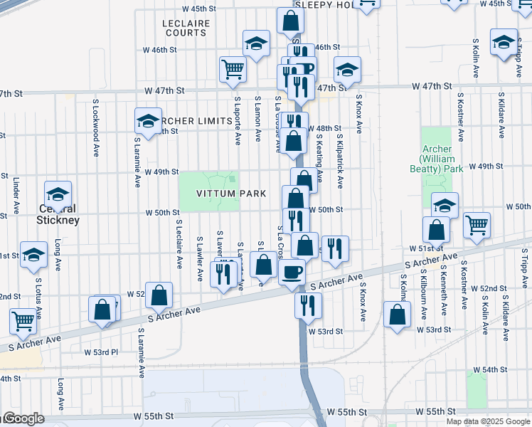 map of restaurants, bars, coffee shops, grocery stores, and more near 5000 South Lamon Avenue in Chicago