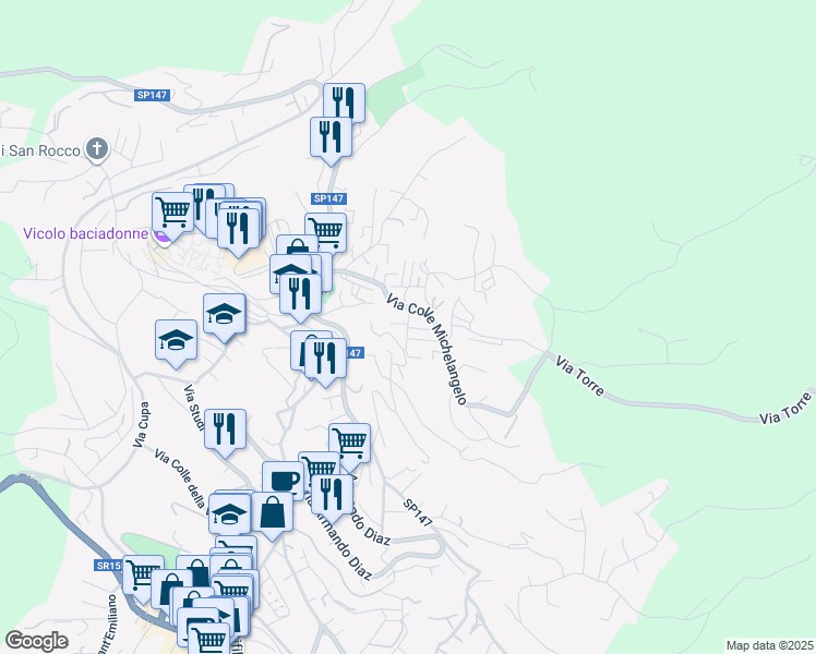 map of restaurants, bars, coffee shops, grocery stores, and more near 8 Via della Pineta in Fiuggi