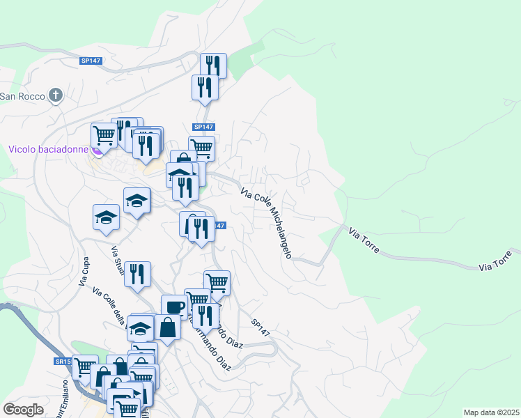 map of restaurants, bars, coffee shops, grocery stores, and more near 8 Via della Pineta in Fiuggi