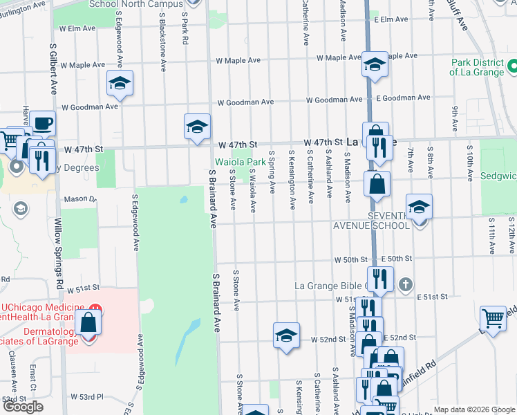 map of restaurants, bars, coffee shops, grocery stores, and more near 631 South Waiola Avenue in La Grange
