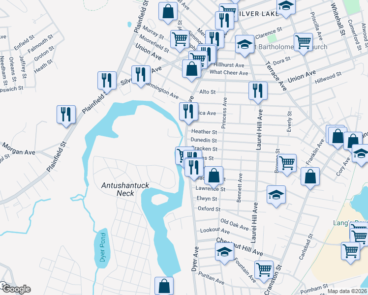 map of restaurants, bars, coffee shops, grocery stores, and more near 441 Dyer Avenue in Cranston