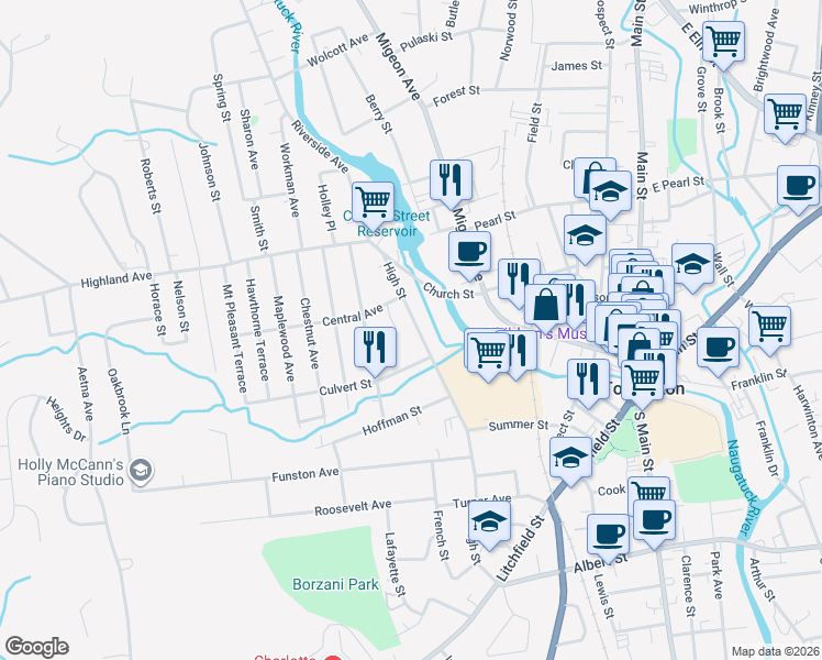 map of restaurants, bars, coffee shops, grocery stores, and more near 38 Apple Street in Torrington