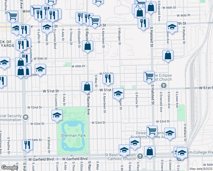 map of restaurants, bars, coffee shops, grocery stores, and more near 5045 South Aberdeen Street in Chicago
