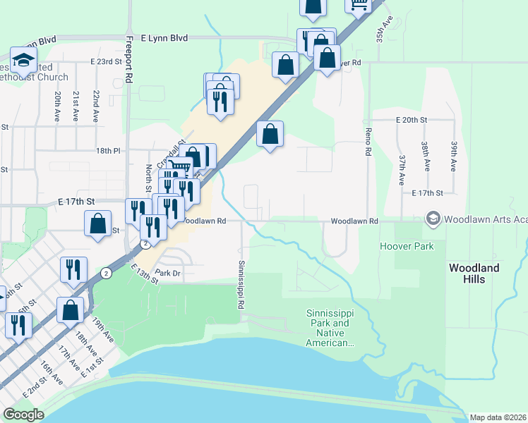 map of restaurants, bars, coffee shops, grocery stores, and more near 3006 Woodlawn Road in Sterling